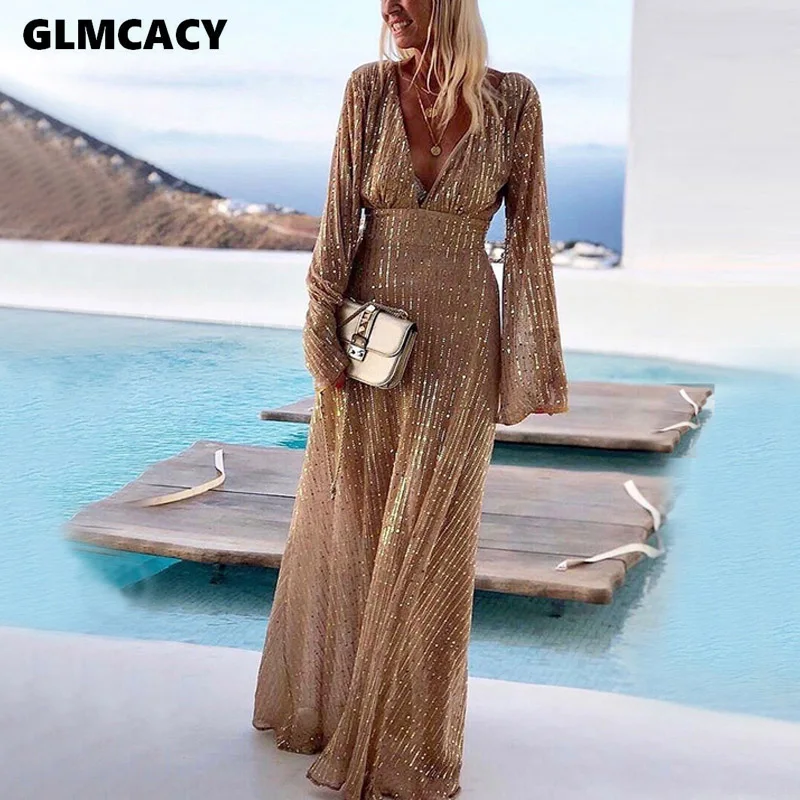 Женское пикантное длинное платье с блестками и глубоким V образным вырезом
