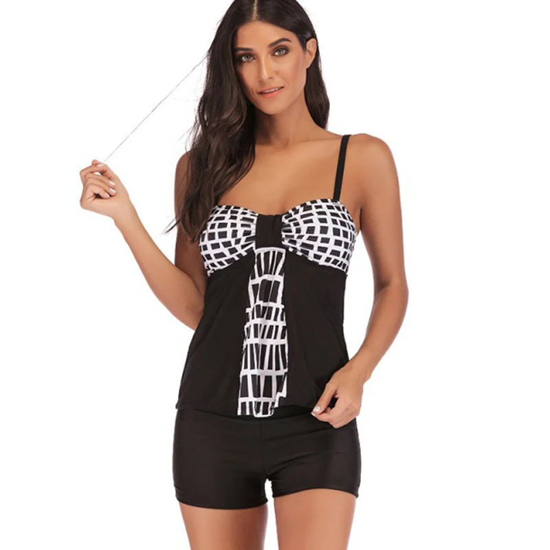 Женский размера плюс танкини купальник с шортами черный сетчатый открытой