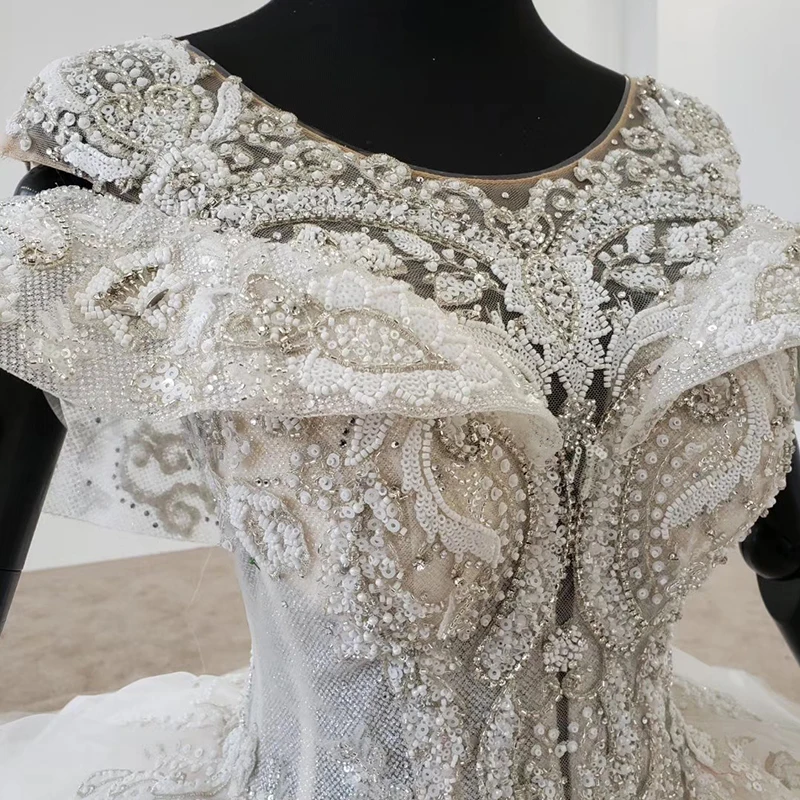 HTL1144 ball gown wedding dress boho boho plus size o-neck lace up back corset bridal dress cap sleeve bead платье свадебное