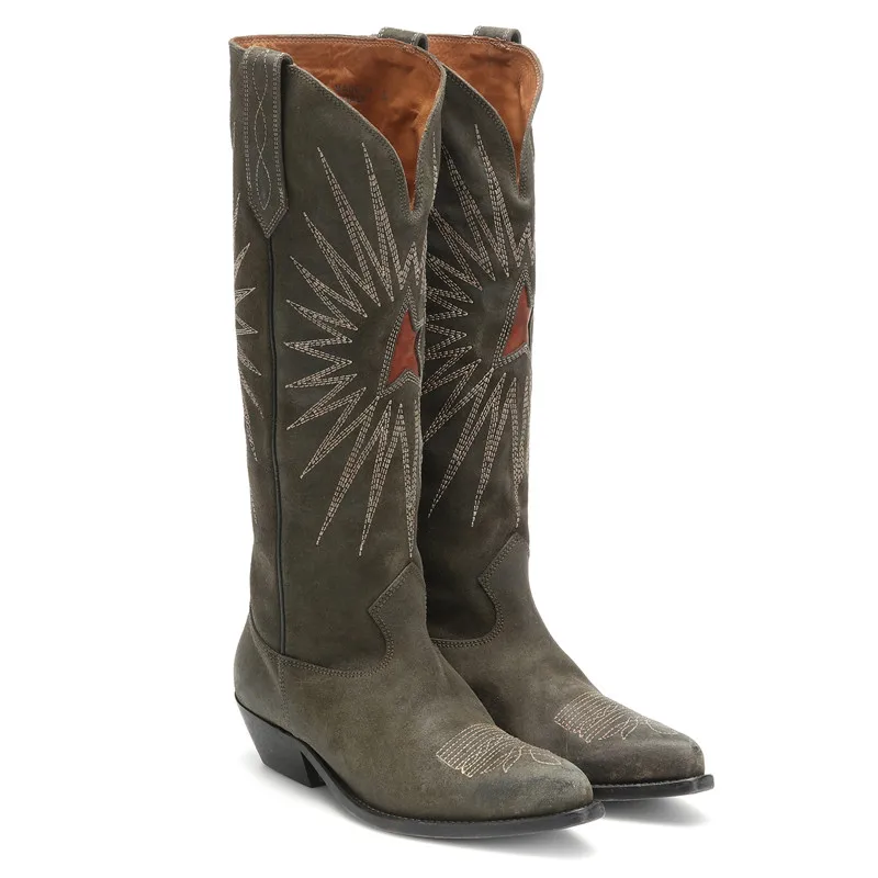 Сапоги с вышивкой; женские сапоги с острым носком, украшенные вышивкой; Bottes; узкие сапоги до середины икры с вышивкой в виде звезд; Botas; коллекция года; сезон осень-зима; Новое поступление; сапоги; Mujer