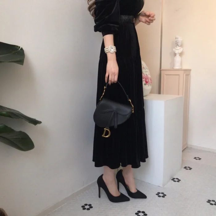 

Korean Chic French Minority Spring and Autumn Clothing Elegant Loose Slimming Mid-Length Design Sense Vintage Velvet Dress