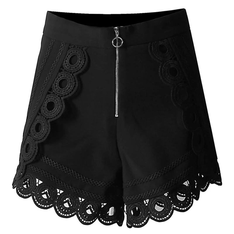 

[EAM] Women Black Spliced Lace Wide Leg Shorts New High Waist Loose Fit Trousers Fashion Tide Spring Summer 2021 1DD2372