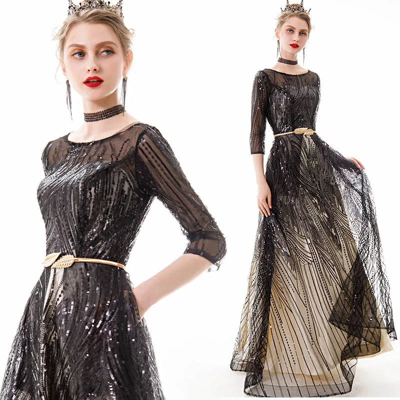 DEERVEADO Robe De Soiree, короткие рукава, Длинные вечерние платья с поясом, с блестками, торжественное платье для женщин, Платья для вечеринок YS449 - Цвет: Champagne Black