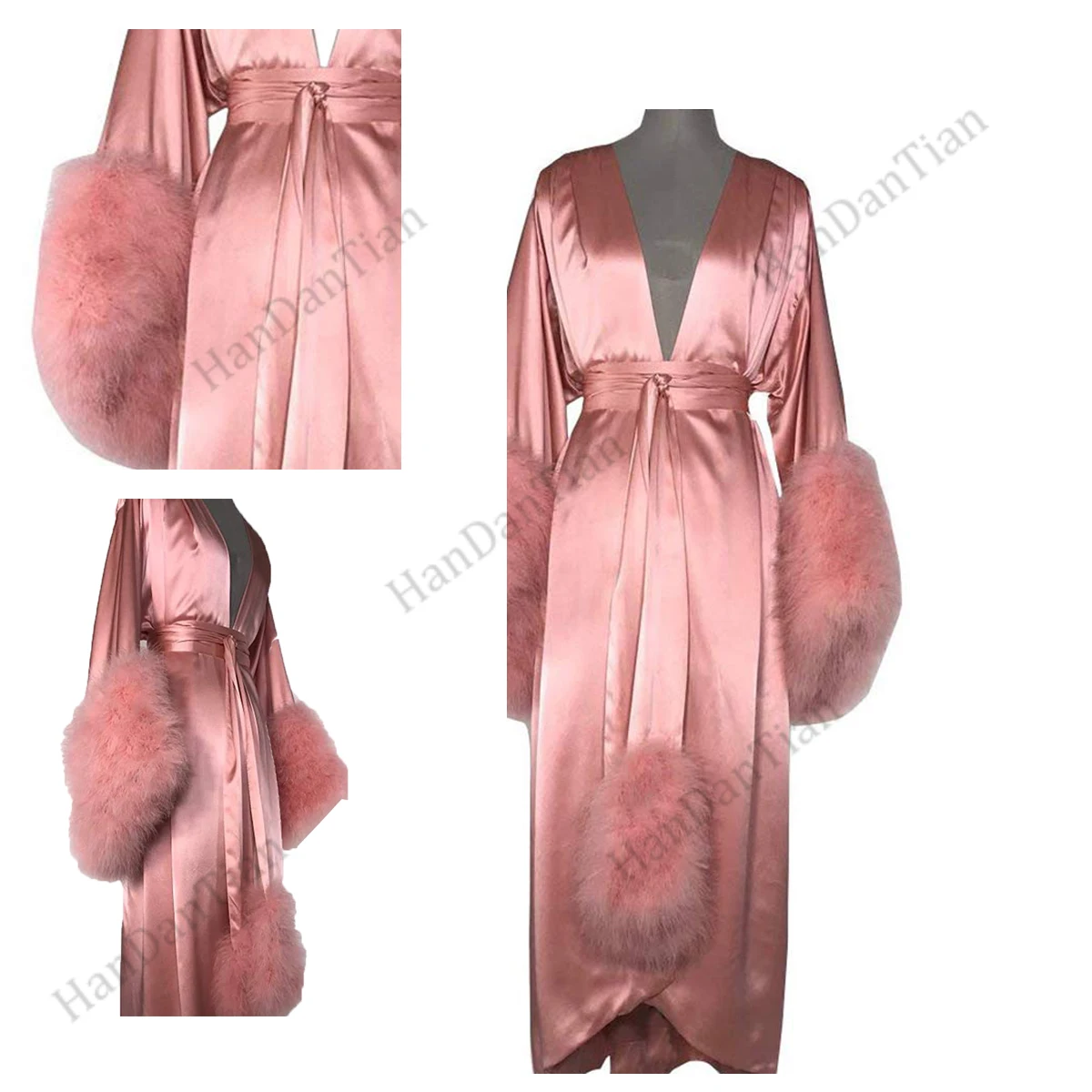Women's Robe Fur Nightgown Bathrobe Sleepwear Feather Bridal Robe with Belt