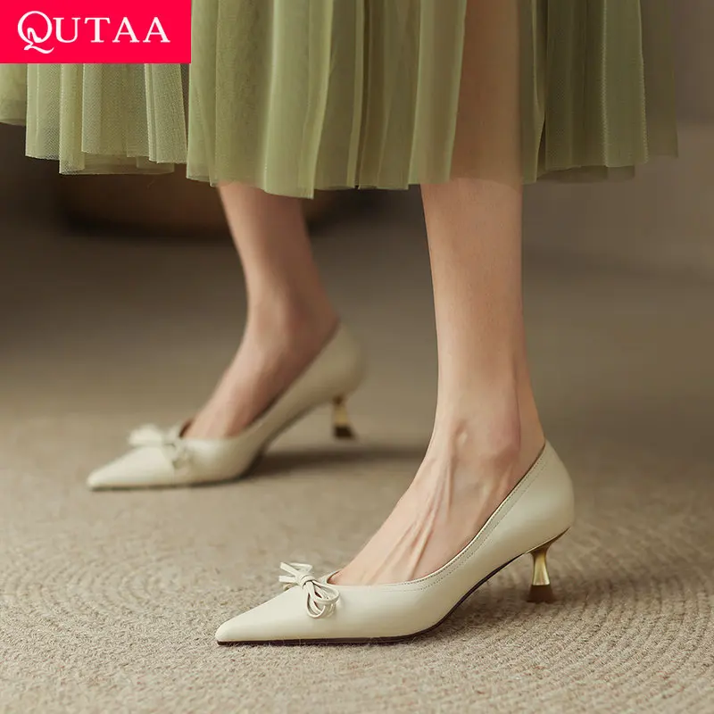 

QUTAA 2022 Thin High Heel Shallow Summer Basic Women Shoes Slip On Concise Stilettos Cow Leather Ladies Pumps Size 34-40