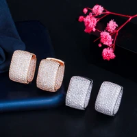 double sided micro paved cubic zirconia white gold color cz stone rectangle hoop earrings for ladies jewelry