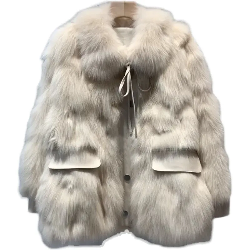 

Женское пальто из лисьего меха, новая Корейская куртка с длинным рукавом и карманами из искусственного меха на осень и зиму, модная одежда, ж...