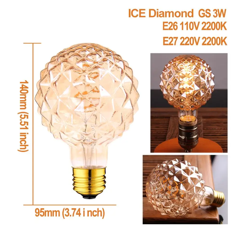 ICE Diamond E26 E27 Grensk E27 затемнения светодиодный светильник спираль светодиодный ламп накаливания T25 C35 3W 2200K Ретро Винтаж E12 E14 220V светодиодный свет украшения для дома - Испускаемый цвет: ICE Diamond E26 E27