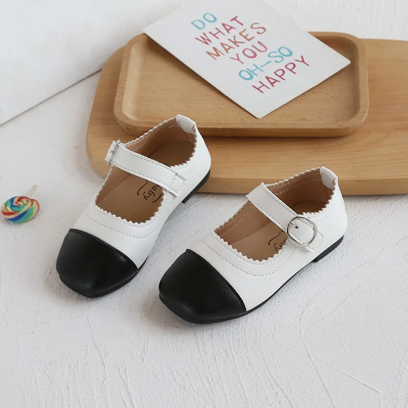 Girls Shoes Patchwork Leather Kids Square Toe Princess Baby Wave Mary Janes White Black Toddlers Spring Autumn |