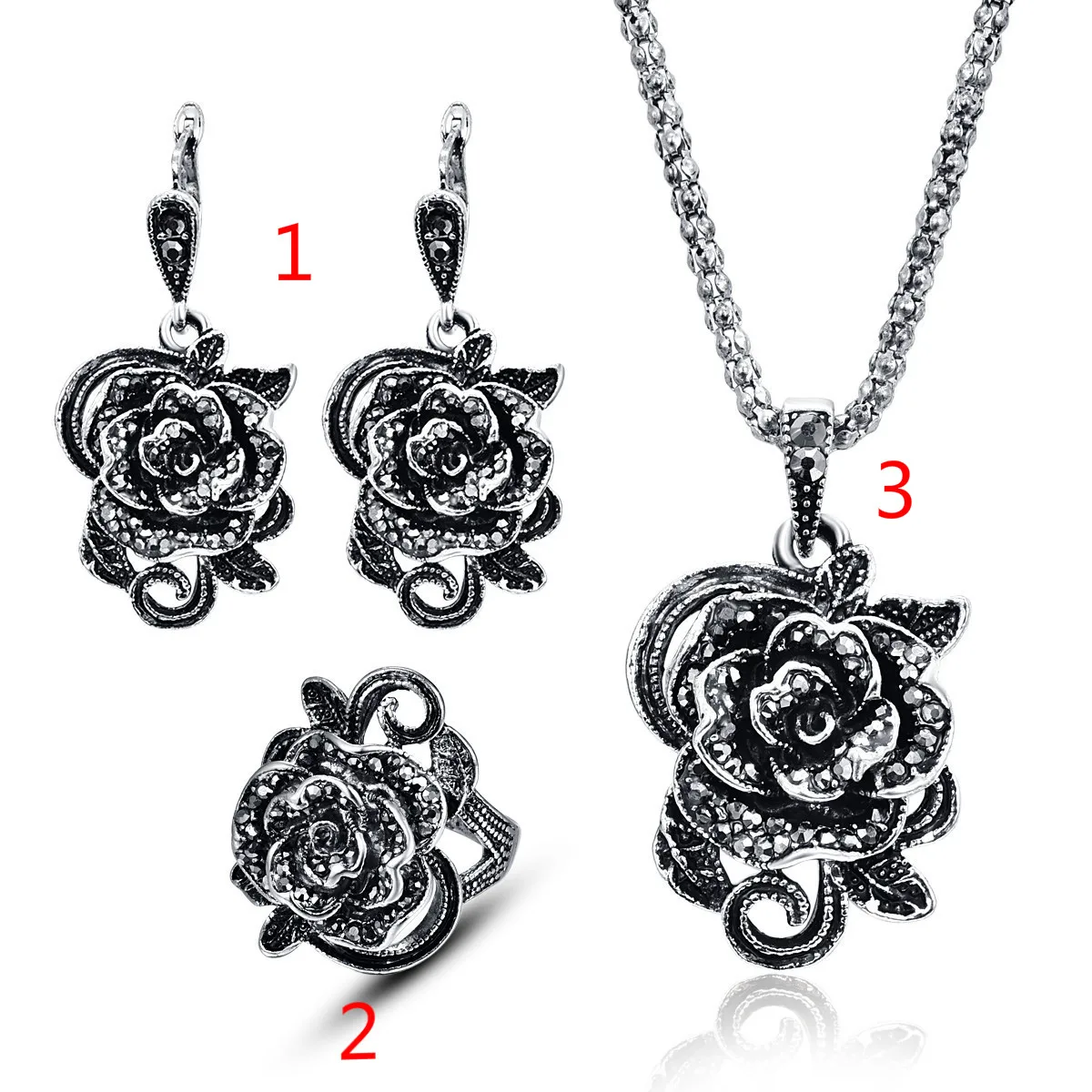 

L04 Fashion vintage Flowers Rose Necklace Earrings Ring Three-piece Retro