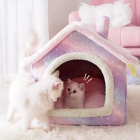 small medium dogs pink star house fleece grey calming cat bed with roof and door fluff pet puppy sofa mat dog cushion poodle