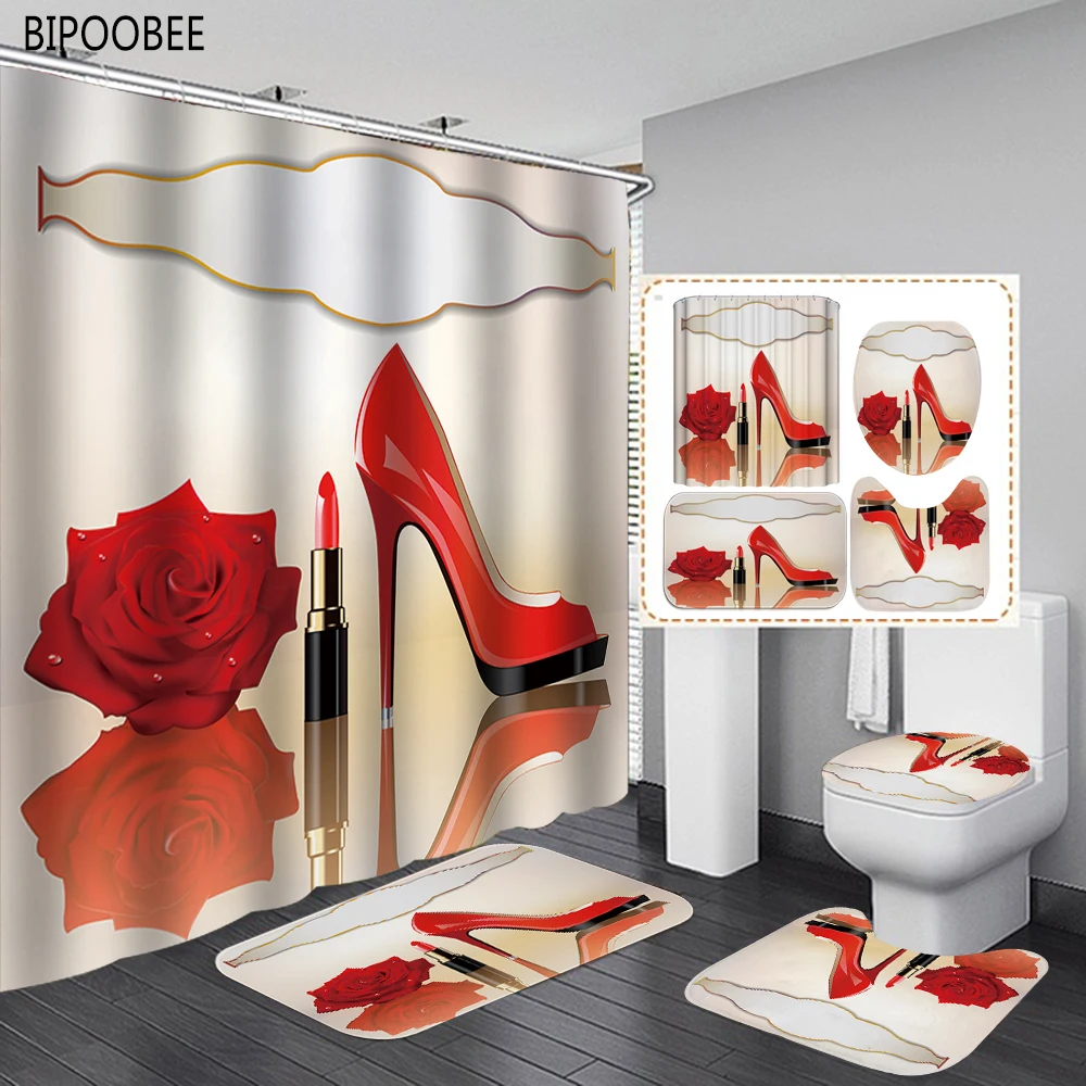 

Red High Heels Lipstick Rose Shower Curtain Bathroom Curtains Fashion Bath Mats Rugs Toilet Cover Non Slip Carpet Washroom Decor