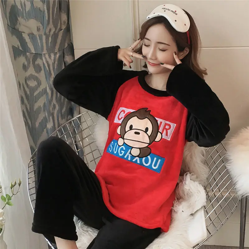 pajamaset M-5XL, зимний пижамный комплект, для женщин, длинный рукав, фланелевый, толстый, коралловый бархат, мультяшная Пижама, длинная Пижама, милые животные, женский домашний костюм - Цвет: pajamaset
