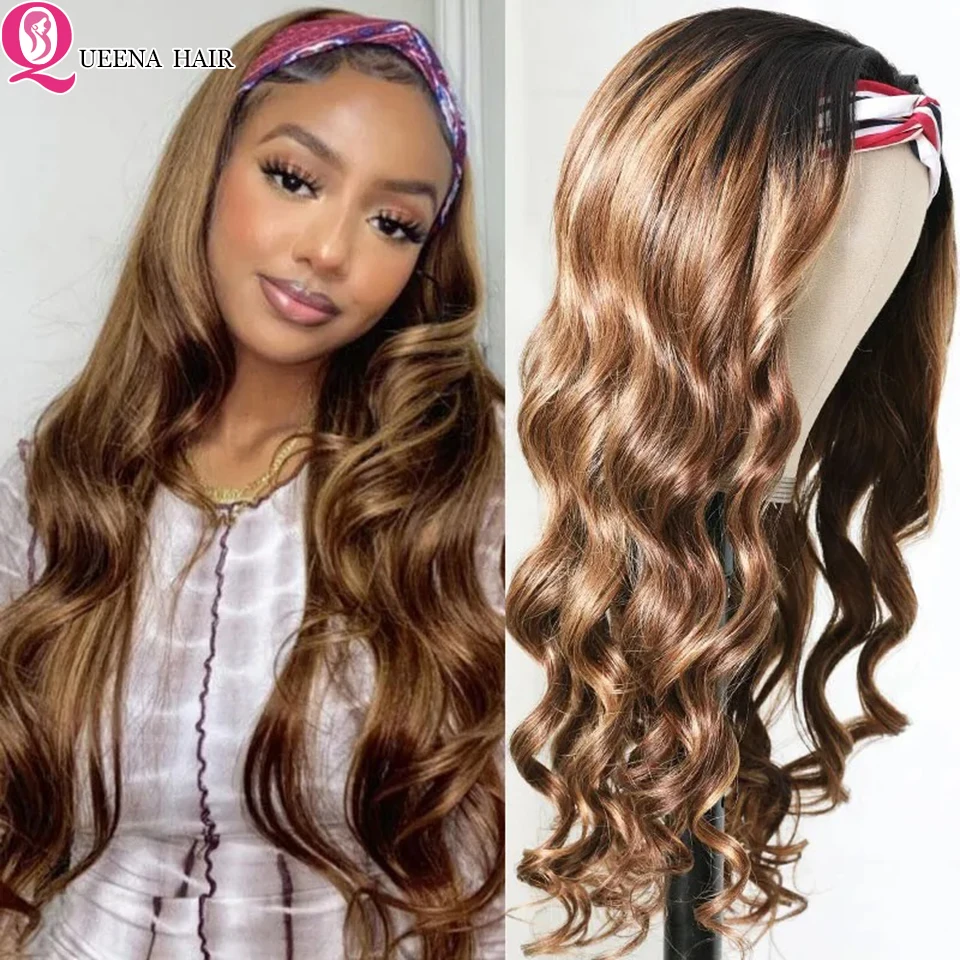 

Headband Wig Human Hair Ombre Body Wave Headband Wig With Scarf Honey Blonde Highlighted Wigs Remy Brazilian Head Band Wigs