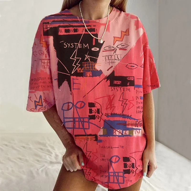 

Graffiti Print Graphic T Shirt Women 2021 Summer Vintage Oversized Loose Casual Streetwear O Neck Short Sleeve Fashion Crop Tops
