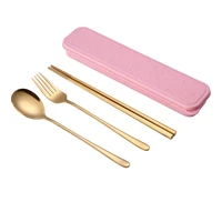 304 stainless steel gold plated portable cutlery set safe material feeding spoon chopsticks fork easy to clean cutlery set