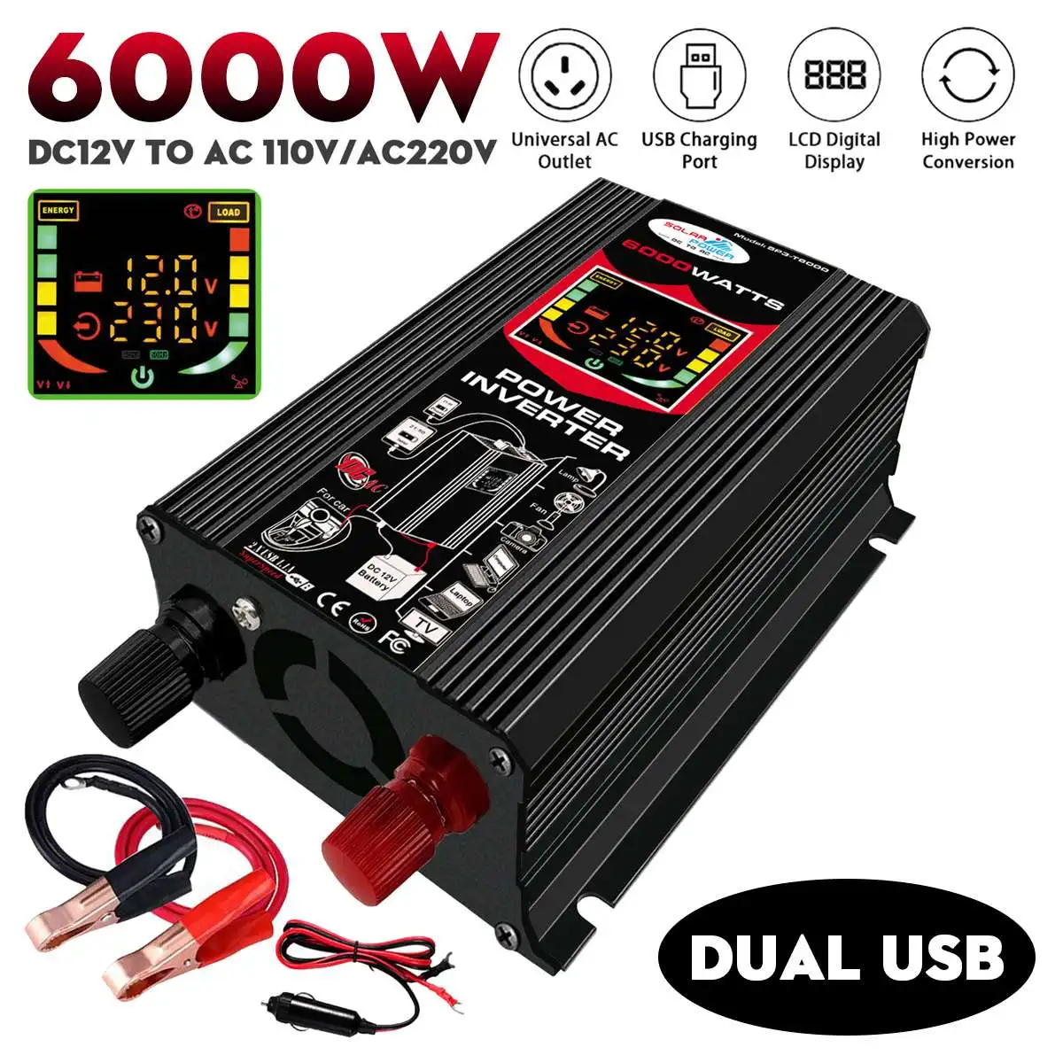 

6000 Вт автомобильный инвертор солнечной энергии 12 В 220 В/110 В ЖК-дисплей USB модифицированный синусоидальный трансформатор напряжения автомоб...