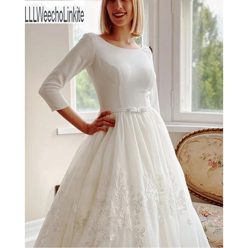 

Ivory Lace Organza 3/4 Sleeves A-Line Wedding Dresses Chapel Train Floor-Length Princess Bridal Gowns Custom Made