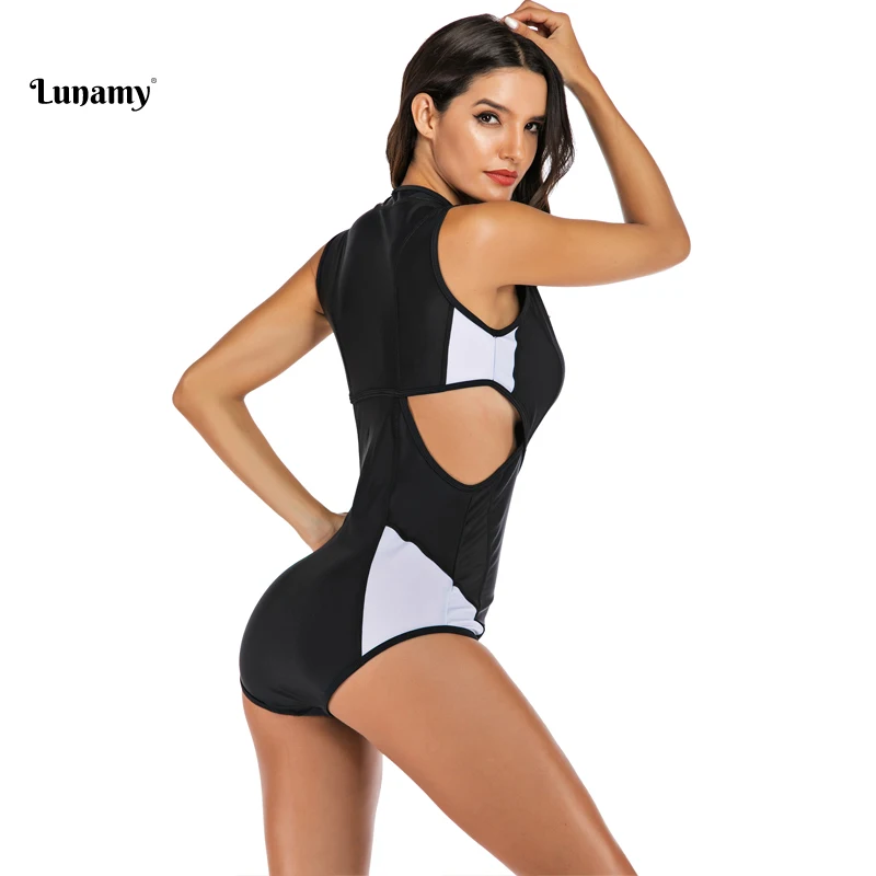Lunamy черный белый лоскутный цельный купальник женский без рукавов боди пляжная