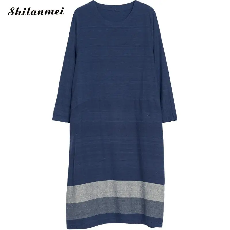 

Vintage Maix Robe Cotton Casual Long Dress Women Round Neck Solid Color Female Solid Color Large Size Women Dress Vestidos Mujer