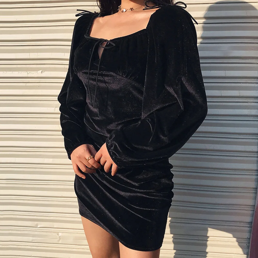 Gothic Vintage Velvet Short Dresses Sexy Lace Up Dress Mini Night Club Fashion Black Long Sleeve Spring 2020 Summer Платье | Женская