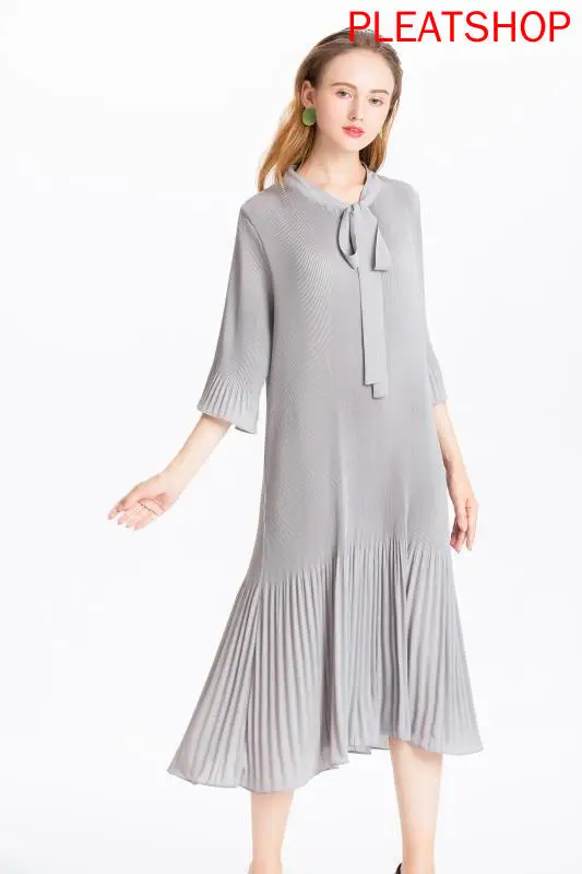 

Flared Sleeves Tied Collar Dress Miyake Pleated Elegant Long Dresses Plus Size