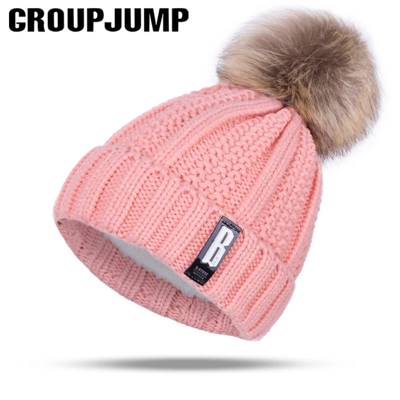 GROUP JUMP, Модная вязаная зимняя женская шапка, теплые хлопковые шапочки с помпонами, зимние шапки для девочек, женские теплые зимние шапки, подарок