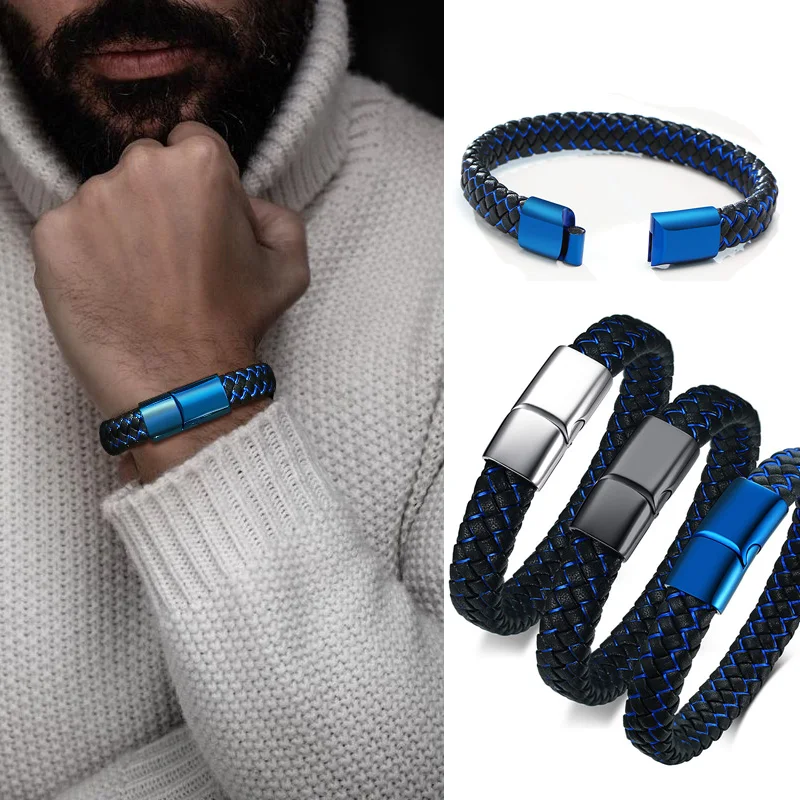 

THIN BLUE LINE BRAIDED LEATHER BRACELET FOR MEN STAINLESS STEEL CLASP