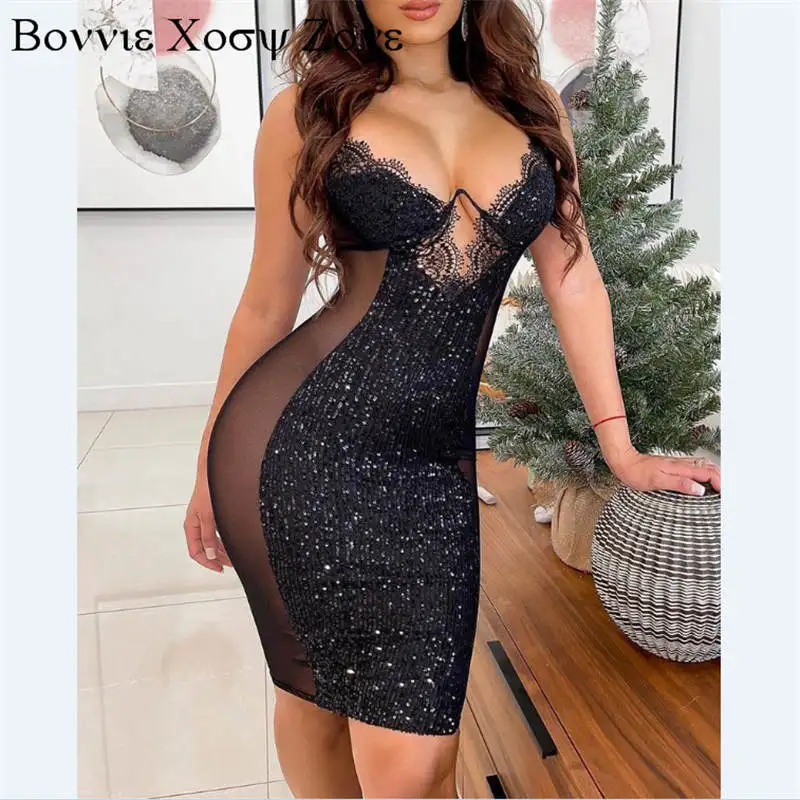 

Женское кружевное прозрачное Сетчатое платье с V-образным вырезом и блестками, простые Сексуальные облегающие Лоскутные Платья