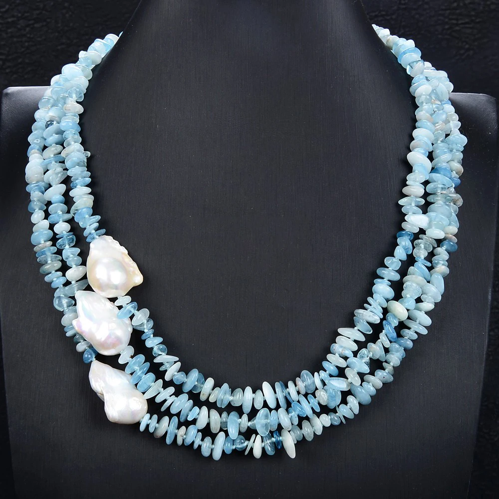 

Jewelry 21 3 Strands 26mm Natural White Keshi Pearl Blue Aquamarine Necklace