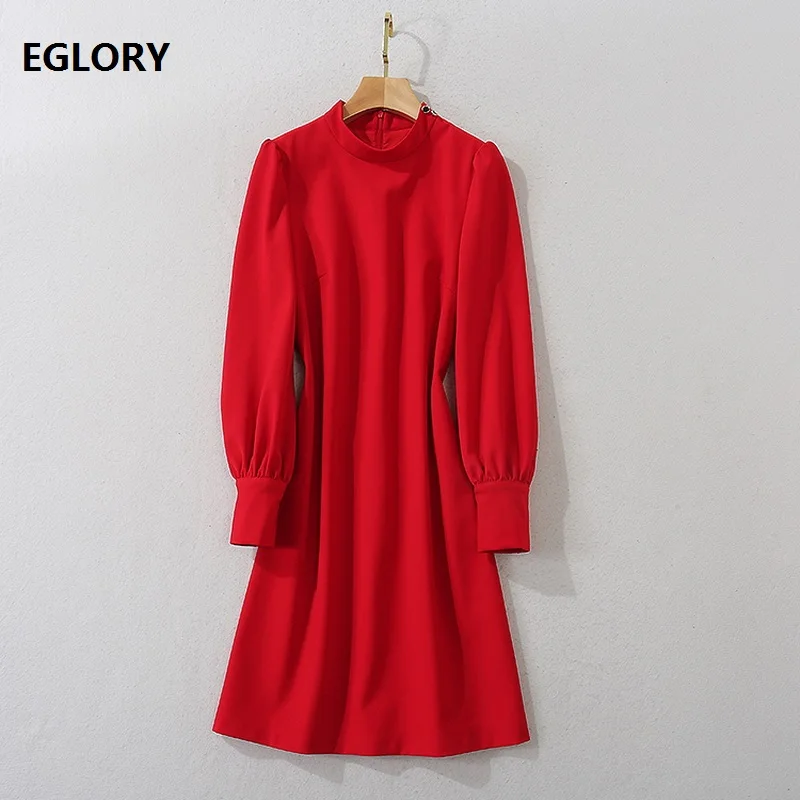 

High Quality Red Dress 2020 Autumn Winter Designer Clothing Women Stand Neck Color Block Button Deco Long Sleeve Dress Festival