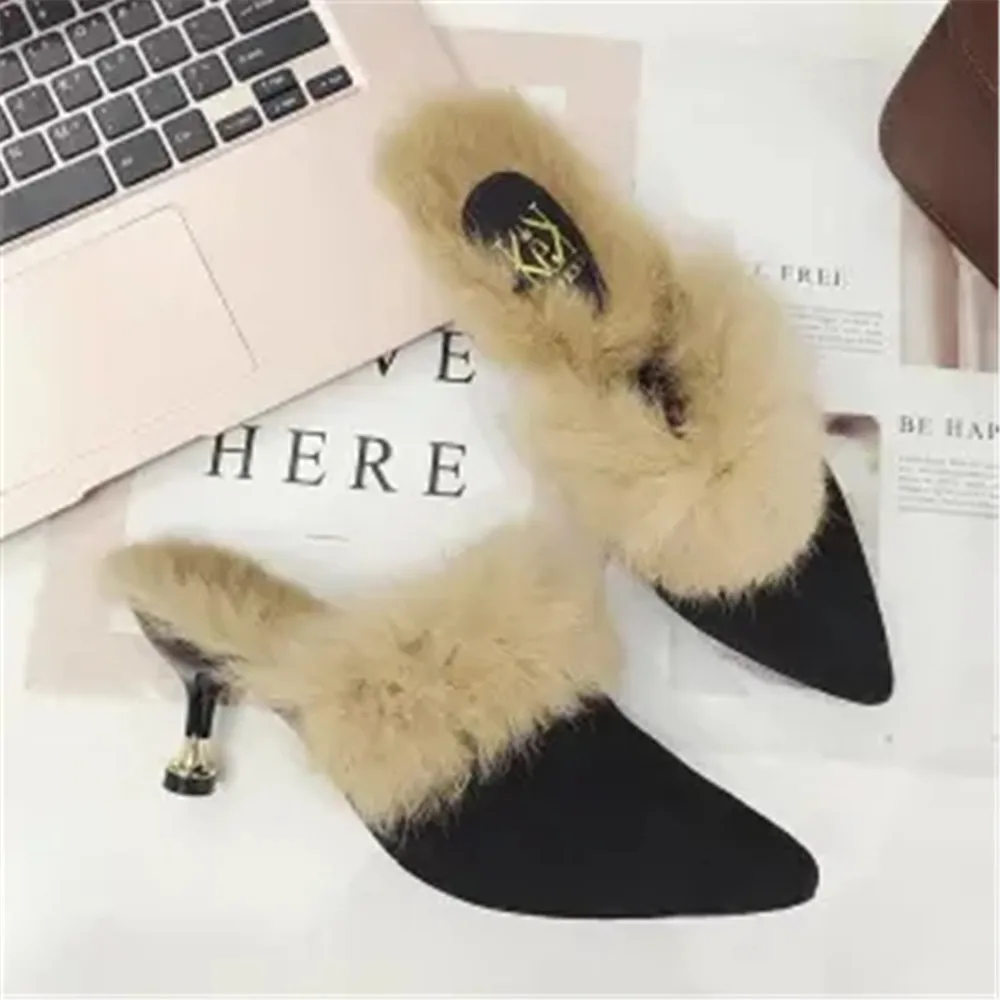 Autumn New Sexy Mules Women's Half Slippers Korean Fashion High Heel Shoes Wearing Hairy Pointed Baotou Furry Plush Slippers