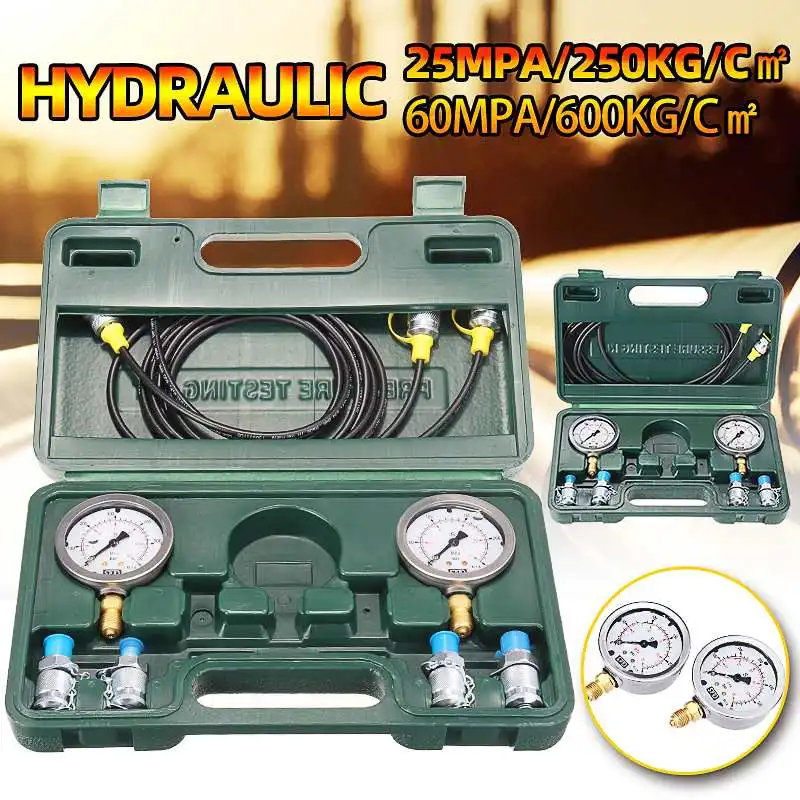 

Excavator Hydraulic Pressure Test Kit 25/40/60MPa Pressure Gauge Connector Set With 1.5m Test Hose + Coupling + 2Pcs 63mm Gauges