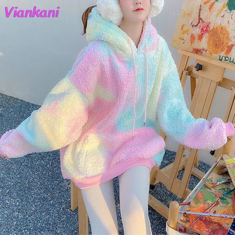 

Winter Rainbow Kawaii Fur Hoodies Women Warm Sweet Oversized Hoodie Female Harajuku High Street Korean Sweatshirt Women 2021 New