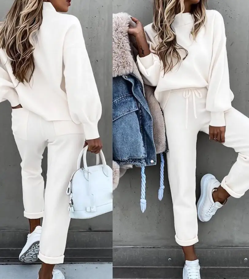 

2020 High Collar Long Sleeve Pocket Trousers Casual Two-Piece Fall/Winter Sweater Women's Hot Sale Lady Clothing Female