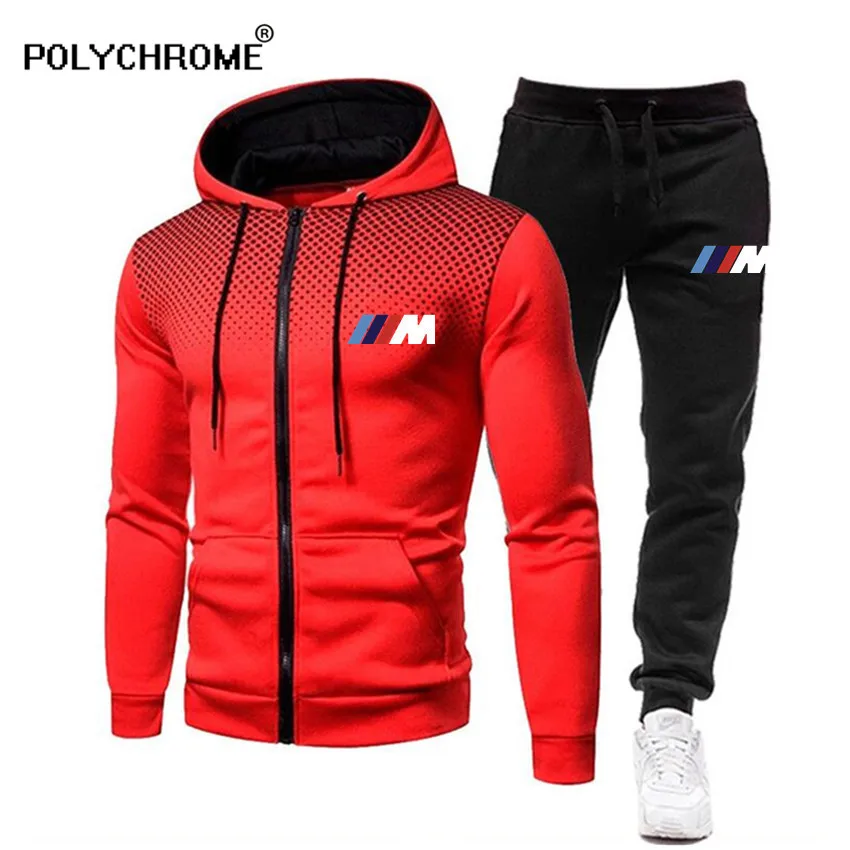 Мужской спортивный костюм на молнии черный с принтом BMW M кофта и штаны для