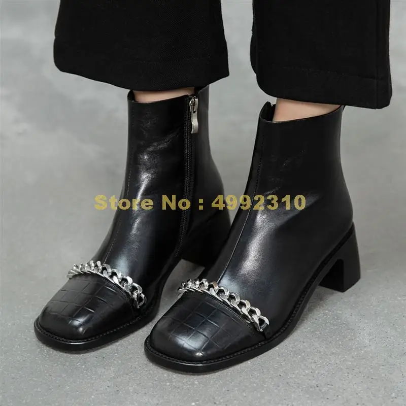 

Female Genuine Leather Boots Thick High Heels Zip Ankle Boots Women Metal Decoration Party Office Shoes