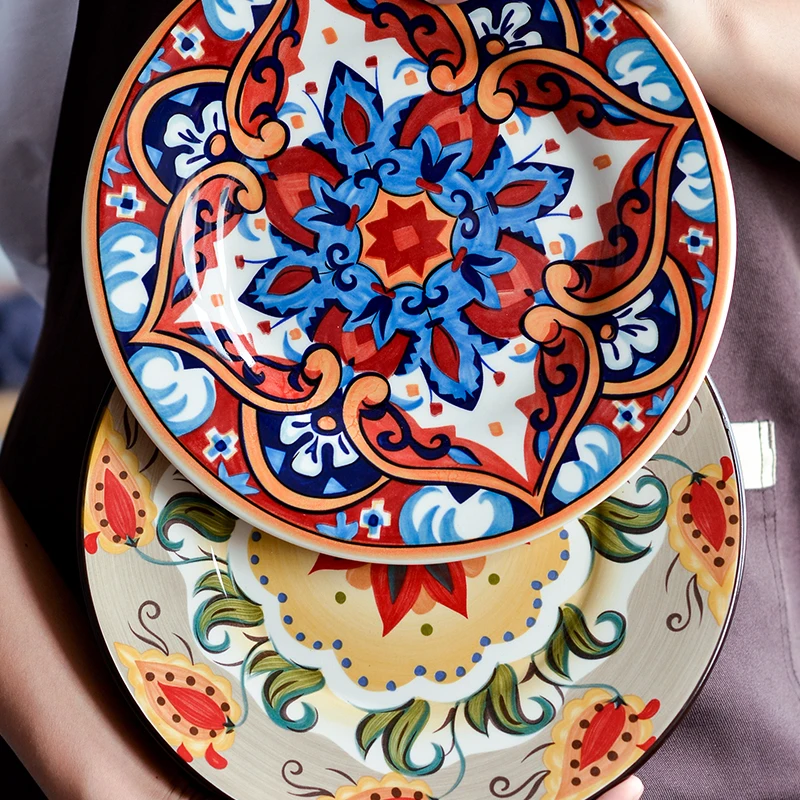 

European Underglaze Color Ceramic Tableware Bohemian Creative Western American Flat Steak Plate