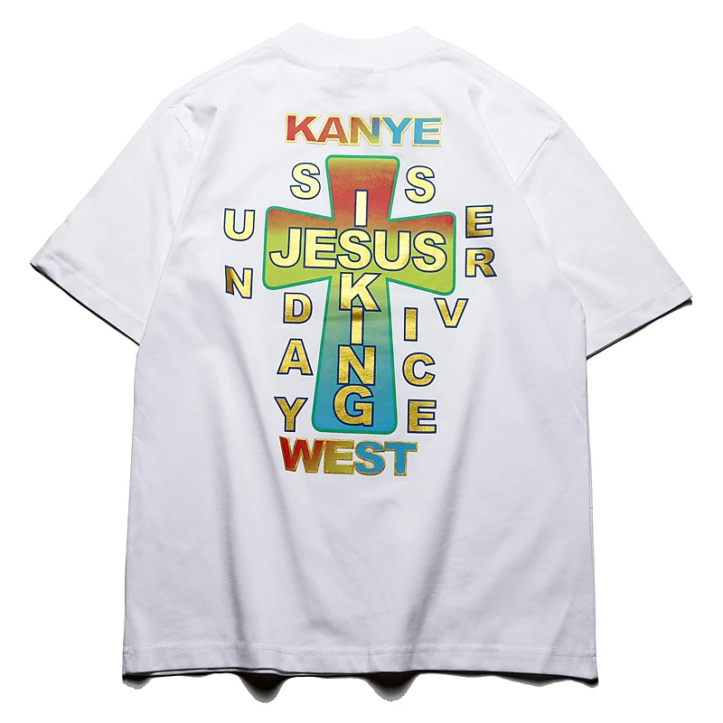 

European and American ins bronzing cross loose high neck short sleeve men and women couple loose T-shirt high street hip-hop