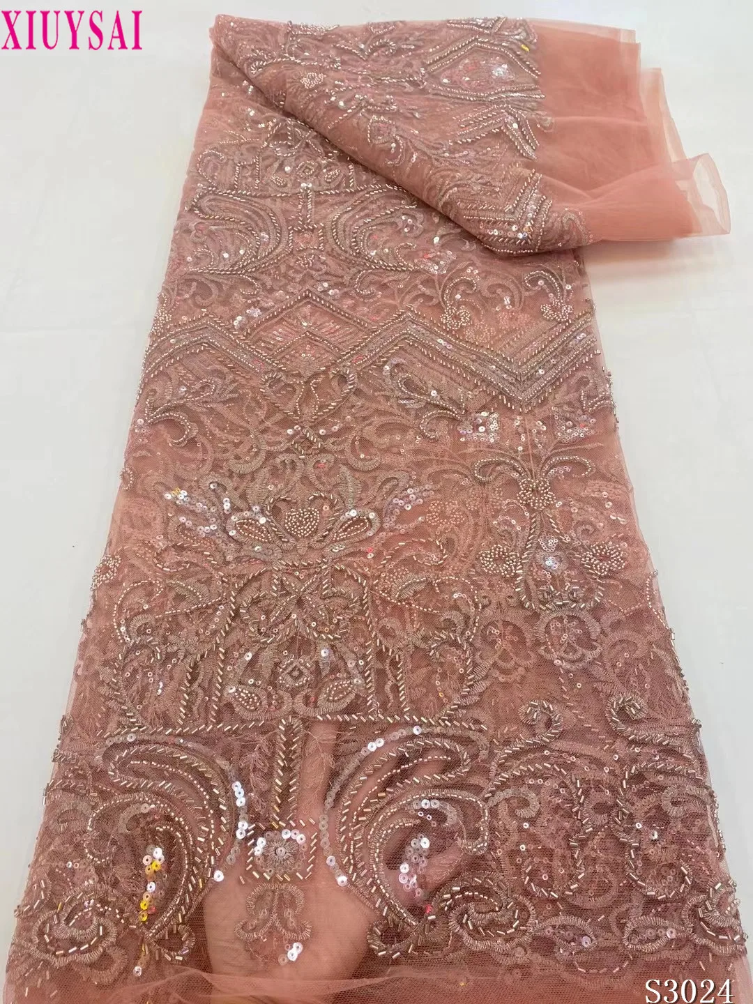 

2021 Высококачественная нигерийская кружевная ткань, вышивка, французские большие бусины, африканская кружевная ткань, Тканый дизайн, розовы...