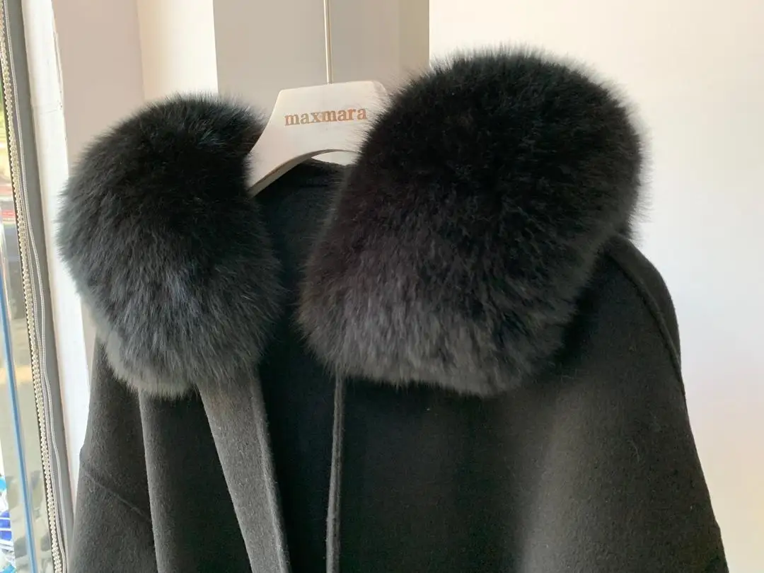 Корейское длинное кашемировое пальто с настоящим бренд Fox Fur Trim Hoodie теплое плотное пальто с большими карманами женская верхняя одежда зимнее пальто