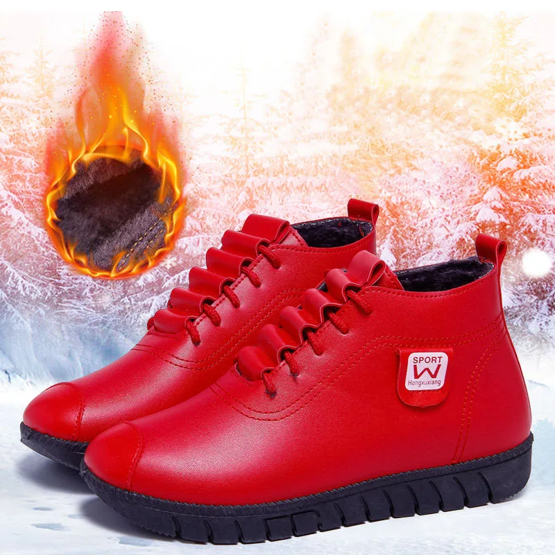 Красные ботильоны Женская зимняя кожаная обувь Мягкие Водонепроницаемые