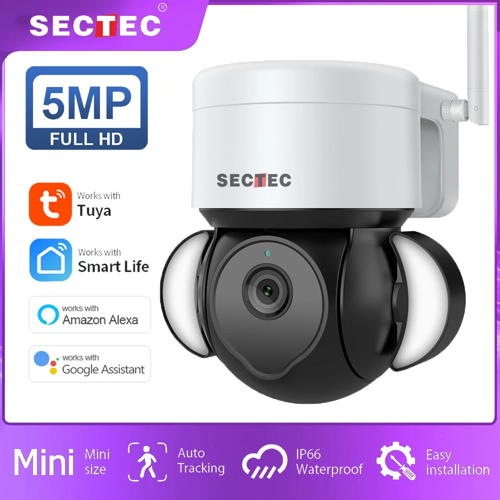 

SECTEC 5MP Wi-Fi TUYA камера Smart Cloud PTZ IP камера наружная Foodlight Google Home Alexa камера наблюдения защита безопасности