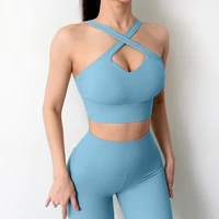 cross hollow bras 2 piece suits sexy women gather shockproof fitness bra breathable workout push up underwear woman solid color