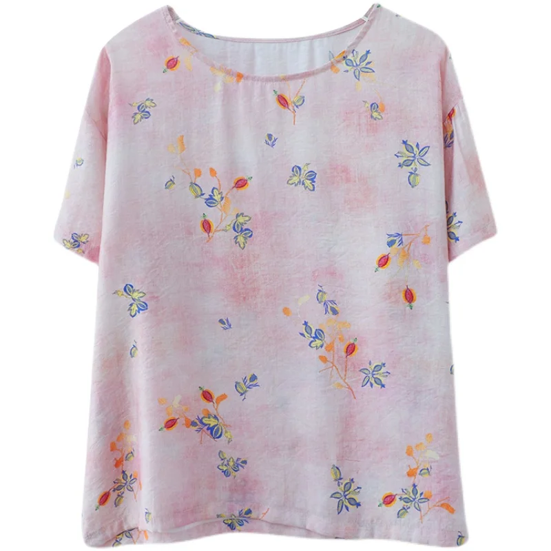 

2021 Summer Short Sleeve Loose Pink Print Shirt Women O-neck Artistic Vintage Cotton And Linen T-shirt Female