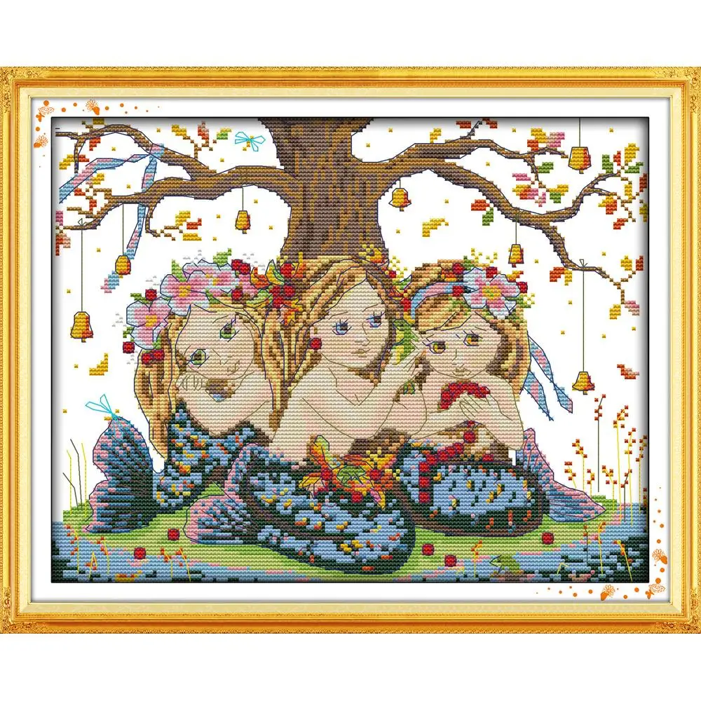 

Joy Sunday Three Mermaid Chinese Cross Stitch Kits Ecological Cotton Clear Stamped Printed 11CT DIY Wedding Decoration For Home