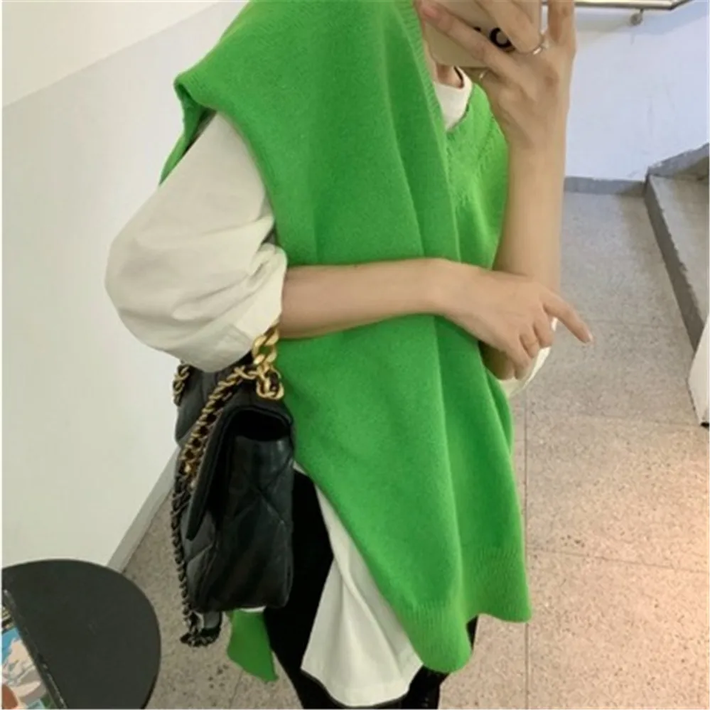 Women Pullovers Waistcoat Sweater Vest Knitted Irregular Split Retro V-neck Basic Tops 2021 Korean Fashion Autumn Winter |