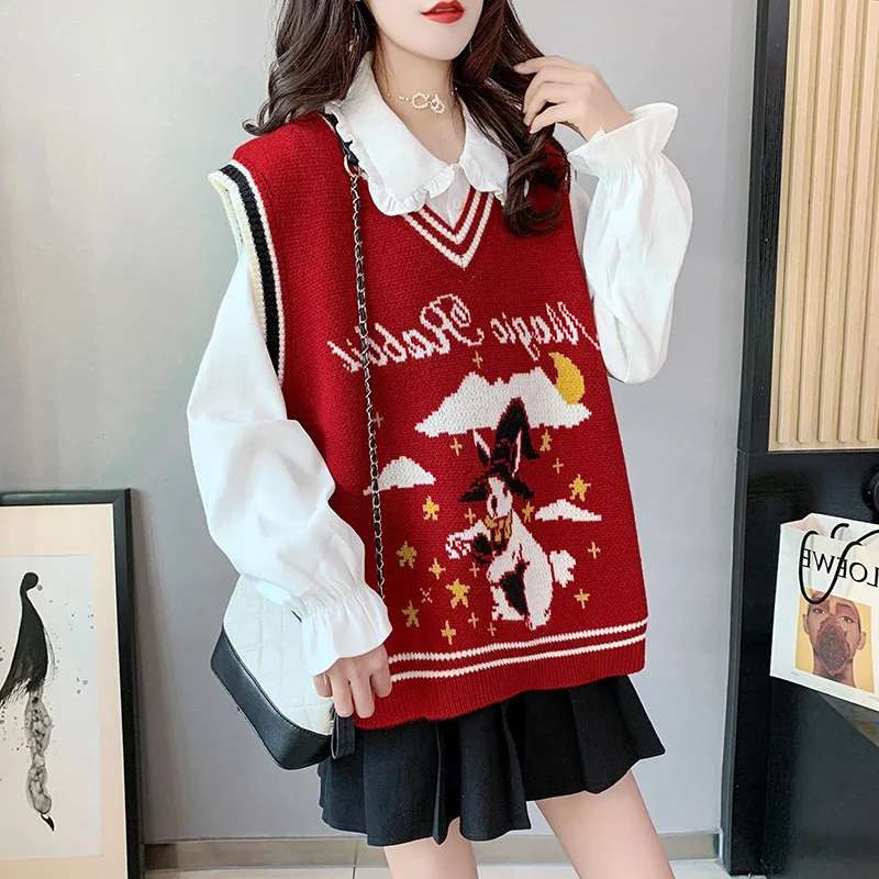 

#2402 синий и красный цвета вязаный свитер жилет для женщин с v-образным вырезом Жилеты с изображением мультяшных персонажей для женщин; Сезон ...