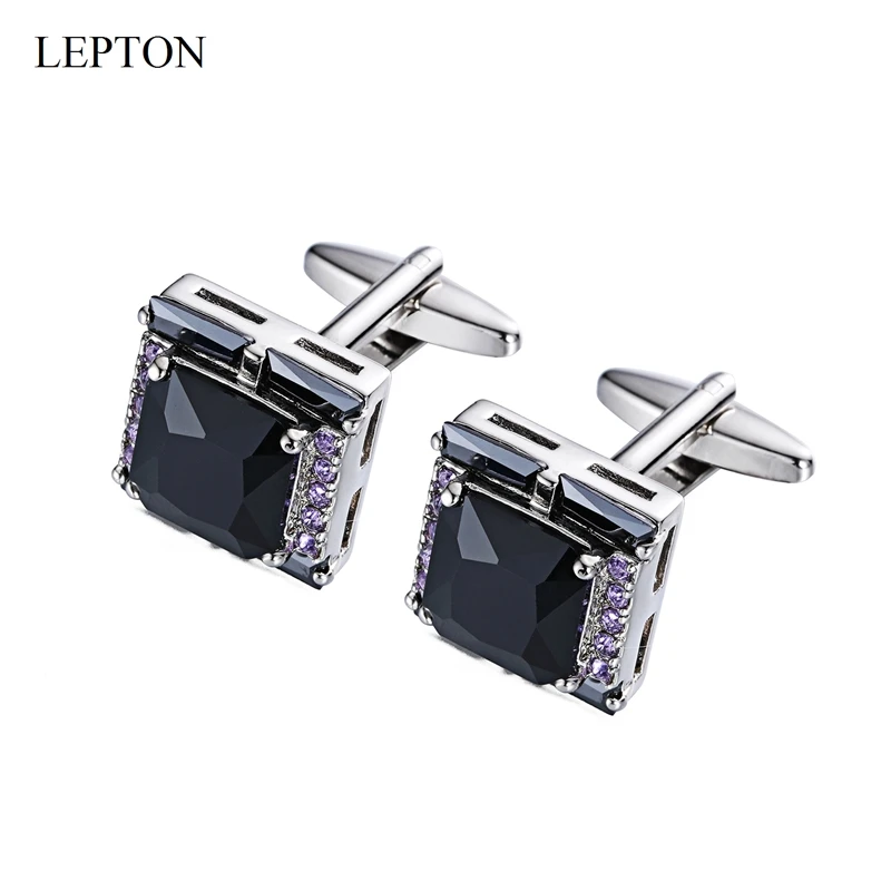 

LEPTON Black AAA Zircon Cufflinks High Quality Purple Crystal Cuff Links For Mens Wedding Groom Business Gifts Cufflink Gemelos