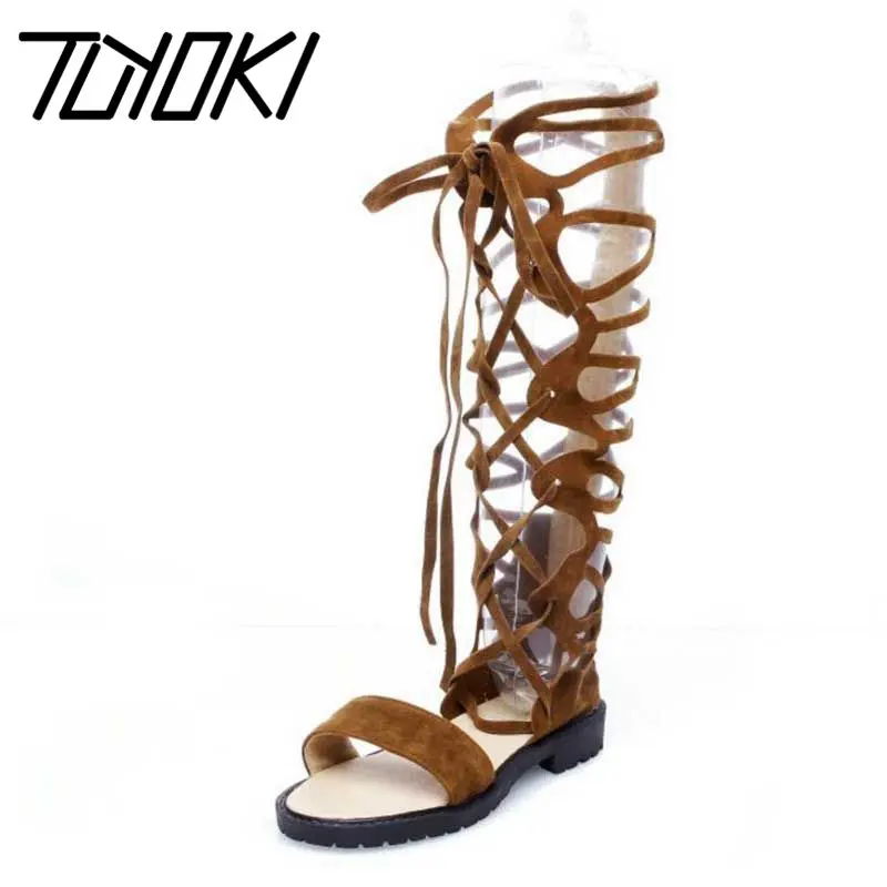 Женские сапоги до колена с перекрестной шнуровкой на плоской подошве размеры 34